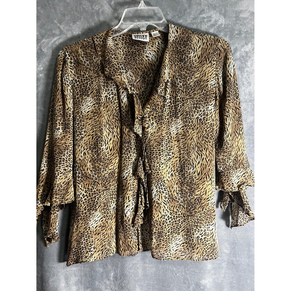Chico's Design Silk Leopard Tiger Print Ruffle Blouse Jacket Animal Print L Sz 2